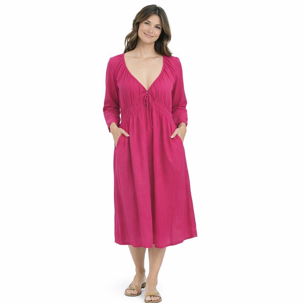 Universal Thread Linen Blend Fuchsia Midi Dress Pockets Size L